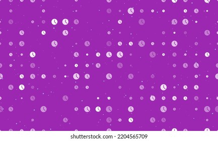 Seamless background pattern of evenly spaced white time symbols of different sizes and opacity. Vector illustration on purple background with stars