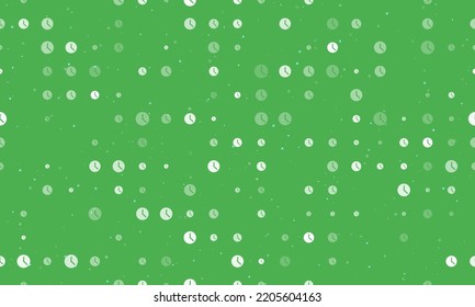 Seamless background pattern of evenly spaced white time symbols of different sizes and opacity. Vector illustration on green background with stars