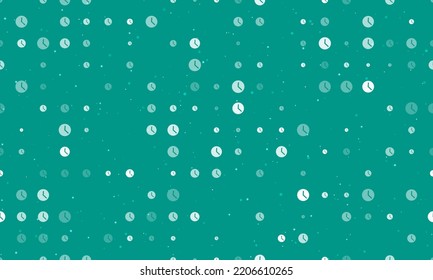 Seamless background pattern of evenly spaced white time symbols of different sizes and opacity. Vector illustration on teal background with stars