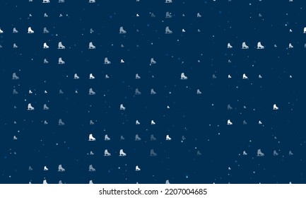 Seamless background pattern of evenly spaced white womens ice skates of different sizes and opacity. Vector illustration on dark blue background with stars