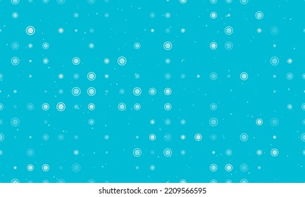 Seamless background pattern of evenly spaced white sushi roll symbols of different sizes and opacity. Vector illustration on cyan background with stars