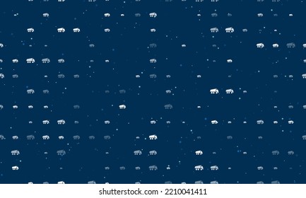 Seamless background pattern of evenly spaced white truck symbols of different sizes and opacity. Vector illustration on dark blue background with stars