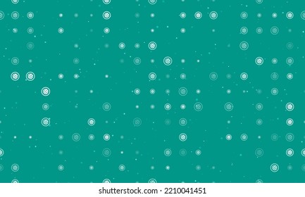 Seamless background pattern of evenly spaced white sushi roll symbols of different sizes and opacity. Vector illustration on teal background with stars
