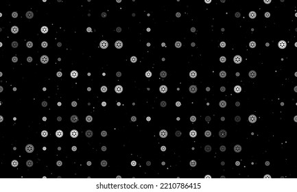 Nahtlose Hintergrundmuster von gleichmäßig verteilten weißen optischen Kabelsymbolen unterschiedlicher Größe und Deckkraft. Vektorgrafik auf schwarzem Hintergrund mit Sternen