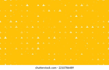 Seamless background pattern of evenly spaced white witch hat symbols of different sizes and opacity. Vector illustration on amber background with stars