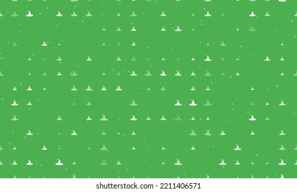 Seamless background pattern of evenly spaced white witch hat symbols of different sizes and opacity. Vector illustration on green background with stars