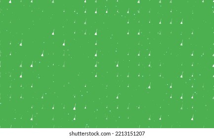 Seamless background pattern of evenly spaced white broom symbols of different sizes and opacity. Vector illustration on green background with stars