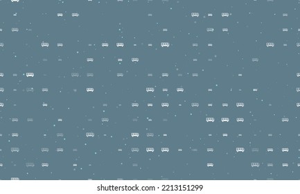Seamless background pattern of evenly spaced white bus symbols of different sizes and opacity. Vector illustration on blue gray background with stars