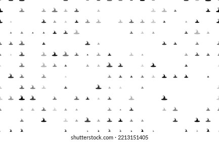 Seamless background pattern of evenly spaced black witch hat symbols of different sizes and opacity. Vector illustration on white background
