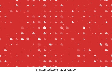 Seamless background pattern of evenly spaced white piece of cake symbols of different sizes and opacity. Vector illustration on red background with stars