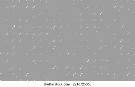 Seamless background pattern of evenly spaced white frog tracks symbols of different sizes and opacity. Vector illustration on gray background with stars