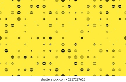 Seamless background pattern of evenly spaced black no entry road signs of different sizes and opacity. Vector illustration on yellow background with stars