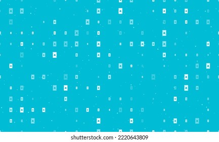 Seamless background pattern of evenly spaced white ace of spades cards of different sizes and opacity. Vector illustration on cyan background with stars