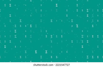 Seamless background pattern of evenly spaced white sigma symbols of different sizes and opacity. Vector illustration on teal background with stars