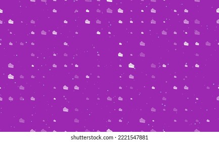 Seamless background pattern of evenly spaced white piece of cake symbols of different sizes and opacity. Vector illustration on purple background with stars