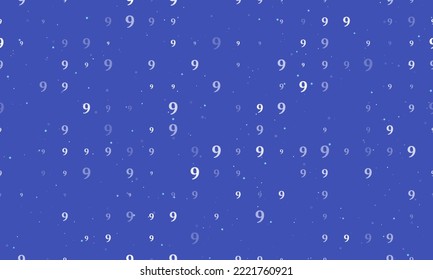 Seamless background pattern of evenly spaced white number nine symbols of different sizes and opacity. Vector illustration on indigo background with stars