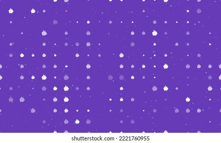 Seamless background pattern of evenly spaced white piggy bank symbols of different sizes and opacity. Vector illustration on deep purple background with stars