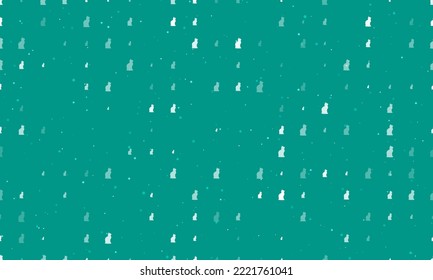 Seamless background pattern of evenly spaced white cat symbols of different sizes and opacity. Vector illustration on teal background with stars