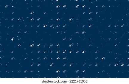 Seamless background pattern of evenly spaced white excavator symbols of different sizes and opacity. Vector illustration on dark blue background with stars