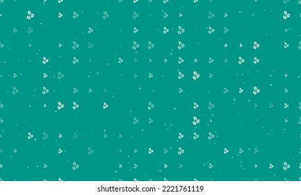 Seamless background pattern of evenly spaced white coffee beans symbols of different sizes and opacity. Vector illustration on teal background with stars