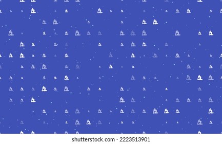 Seamless background pattern of evenly spaced white yoga stretching pose symbols of different sizes and opacity. Vector illustration on indigo background with stars