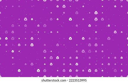 Seamless background pattern of evenly spaced white instant coffee symbols of different sizes and opacity. Vector illustration on purple background with stars