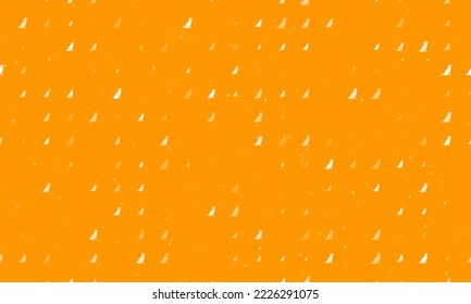 Seamless background pattern of evenly spaced white dog symbols of different sizes and opacity. Vector illustration on orange background with stars