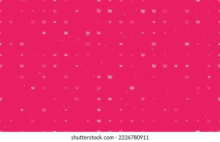 Seamless background pattern of evenly spaced white Korean won signs of different sizes and opacity. Vector illustration on pink background with stars