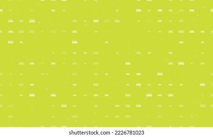 Seamless background pattern of evenly spaced white bus symbols of different sizes and opacity. Vector illustration on lime background with stars