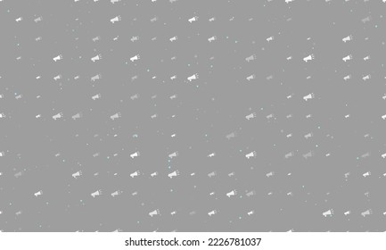 Seamless background pattern of evenly spaced white megaphone symbols of different sizes and opacity. Vector illustration on gray background with stars