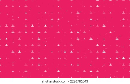 Seamless background pattern of evenly spaced white witch hat symbols of different sizes and opacity. Vector illustration on pink background with stars