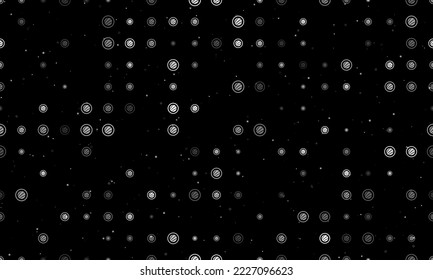 Seamless background pattern of evenly spaced white sushi roll symbols of different sizes and opacity. Vector illustration on black background with stars