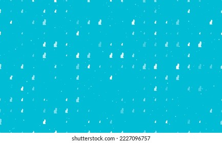 Seamless background pattern of evenly spaced white cat symbols of different sizes and opacity. Vector illustration on cyan background with stars