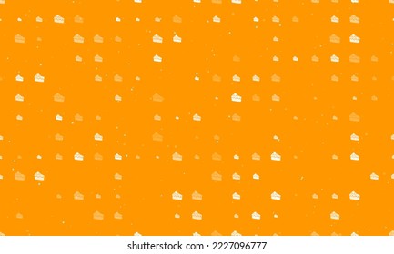 Seamless background pattern of evenly spaced white piece of cake symbols of different sizes and opacity. Vector illustration on orange background with stars