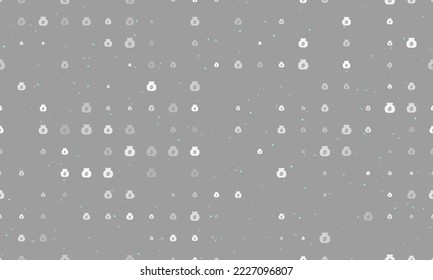 Seamless background pattern of evenly spaced white instant coffee symbols of different sizes and opacity. Vector illustration on gray background with stars