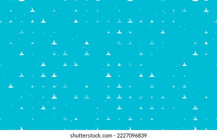 Seamless background pattern of evenly spaced white witch hat symbols of different sizes and opacity. Vector illustration on cyan background with stars