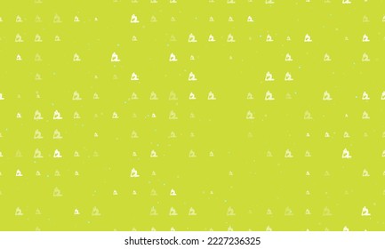 Seamless background pattern of evenly spaced white yoga stretching pose symbols of different sizes and opacity. Vector illustration on lime background with stars