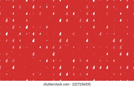 Seamless background pattern of evenly spaced white cat symbols of different sizes and opacity. Vector illustration on red background with stars