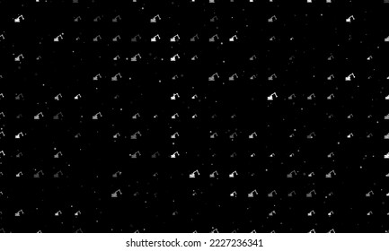 Seamless background pattern of evenly spaced white excavator symbols of different sizes and opacity. Vector illustration on black background with stars