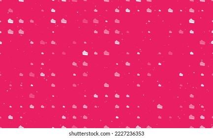 Seamless background pattern of evenly spaced white piece of cake symbols of different sizes and opacity. Vector illustration on pink background with stars