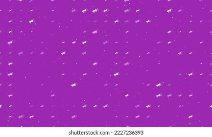 Seamless background pattern of evenly spaced white megaphone symbols of different sizes and opacity. Vector illustration on purple background with stars