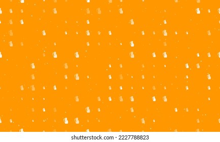 Seamless background pattern of evenly spaced white travel backpack symbols of different sizes and opacity. Vector illustration on orange background with stars