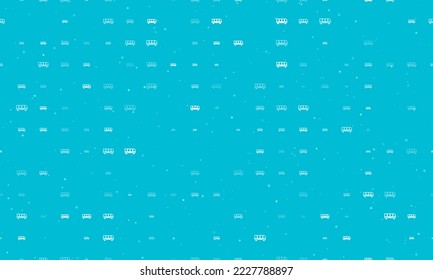 Seamless background pattern of evenly spaced white bus symbols of different sizes and opacity. Vector illustration on cyan background with stars