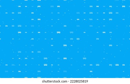 Seamless background pattern of evenly spaced white bus symbols of different sizes and opacity. Vector illustration on light blue background with stars