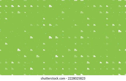 Seamless background pattern of evenly spaced white concrete mixer truck symbols of different sizes and opacity. Vector illustration on light green background with stars