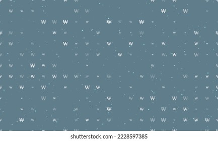 Seamless background pattern of evenly spaced white Korean won signs of different sizes and opacity. Vector illustration on blue gray background with stars