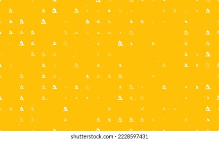 Seamless background pattern of evenly spaced white yoga stretching pose symbols of different sizes and opacity. Vector illustration on amber background with stars