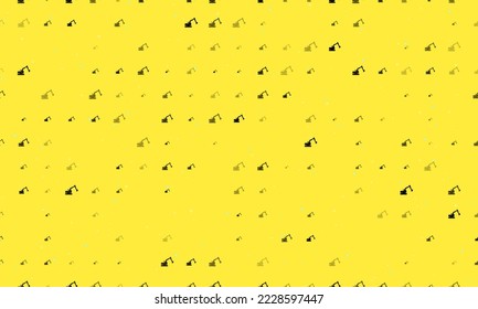 Seamless background pattern of evenly spaced black excavator symbols of different sizes and opacity. Vector illustration on yellow background with stars