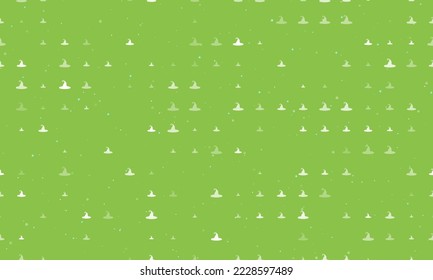 Seamless background pattern of evenly spaced white witch hat symbols of different sizes and opacity. Vector illustration on light green background with stars