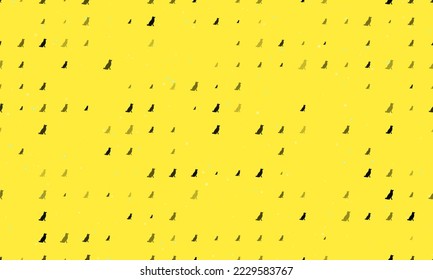 Seamless background pattern of evenly spaced black dog symbols of different sizes and opacity. Vector illustration on yellow background with stars